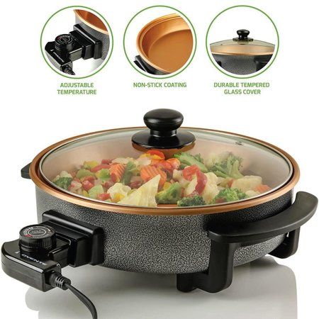 OVENTE Ovente SK11112CO 12 in. Electric Skillet with Nonstick Aluminum Coating Grill Pan & Glass Lid Cover; Copper SK11112CO